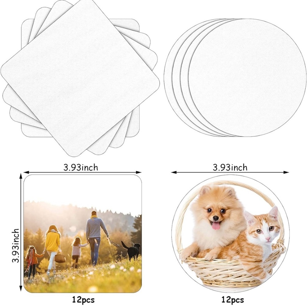 24PCS Square / 12PCS Circle Sublimation Blanks Coasters, 3.93X 3.9 Inch
